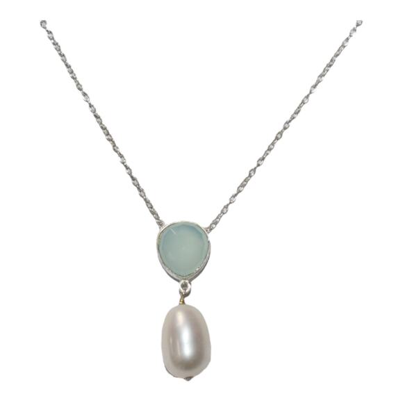 Genuine Aqua Chalcedony and Cultured White Freshwater Pearl Necklace - Picture 4 of 5
